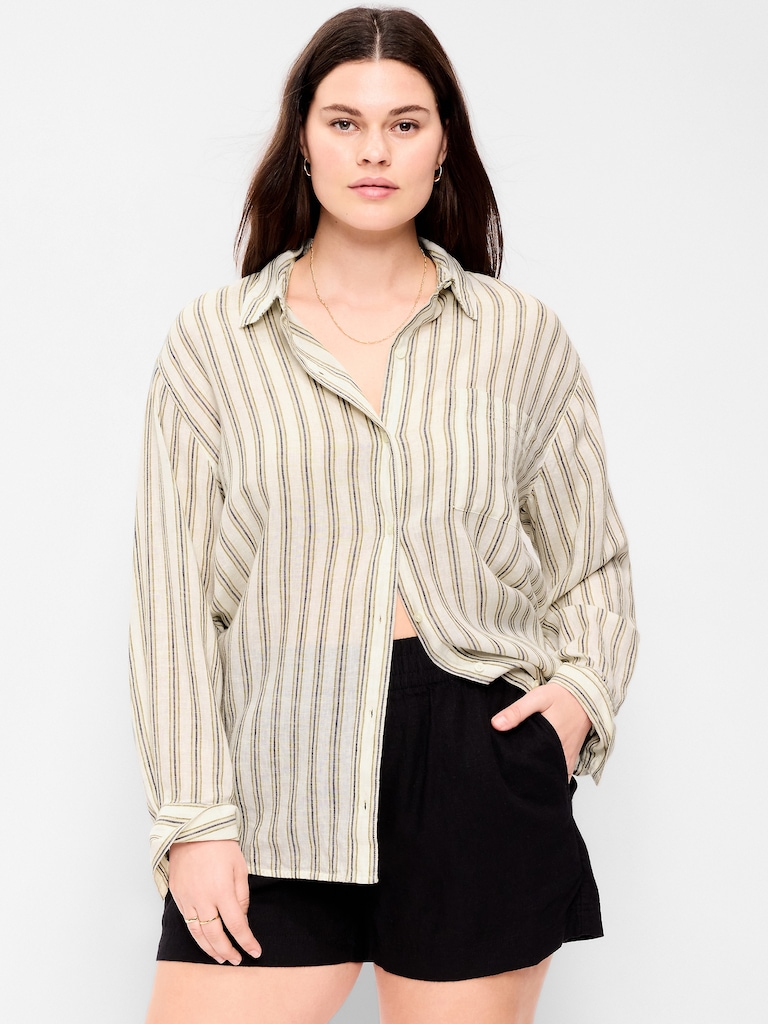 Linen-Blend Loose Button-Down Shirt