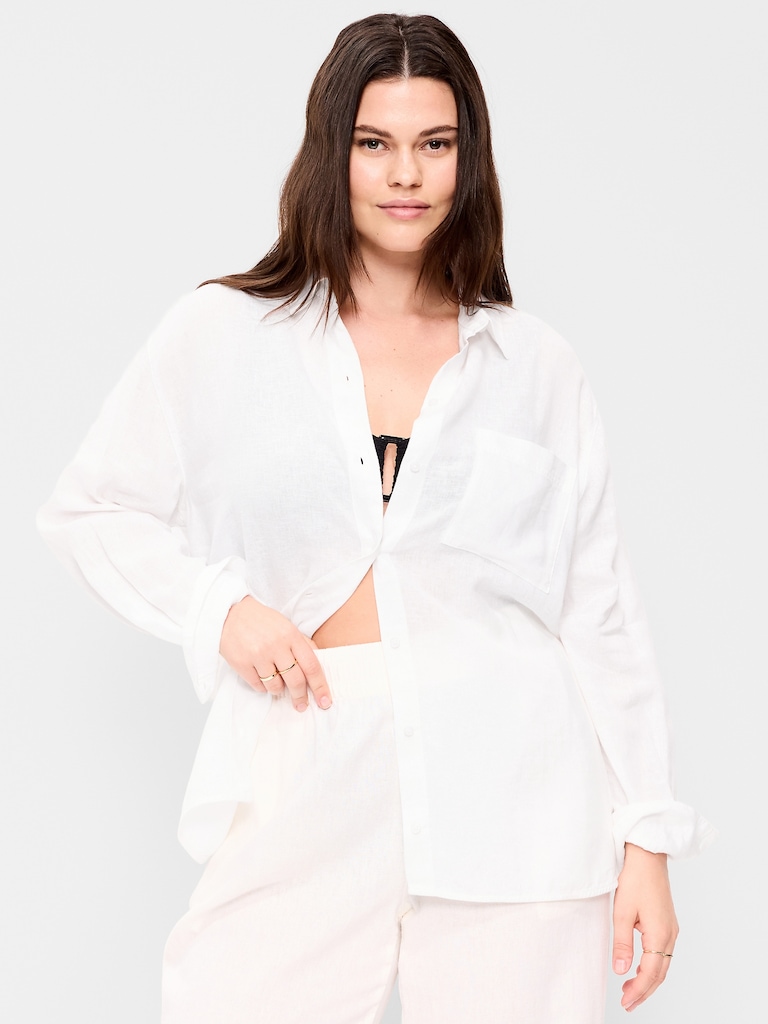 Linen-Blend Loose Button-Down Shirt