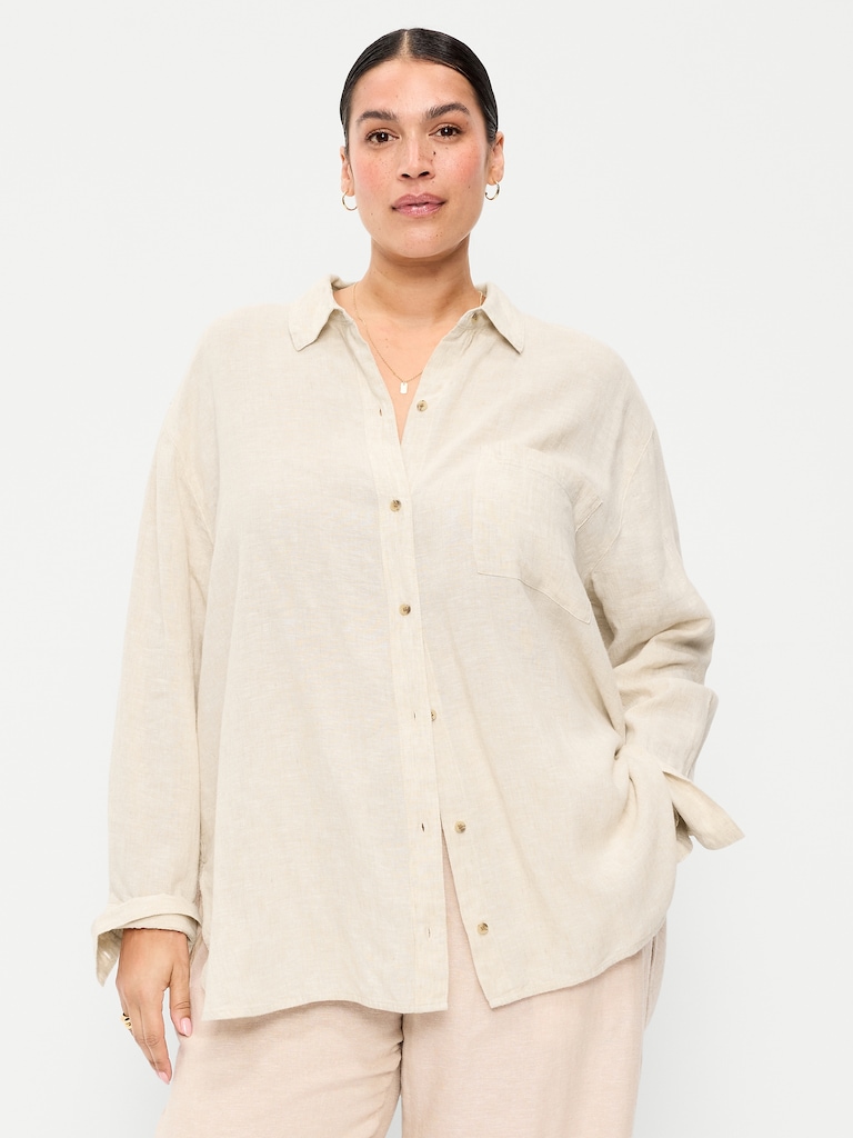 Linen-Blend Loose Button-Down Shirt