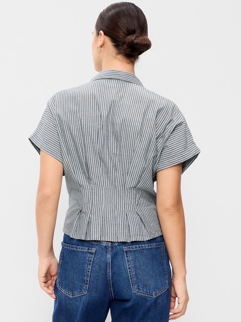 Slim Short-Sleeve Cinched-Waist Button-Down Shirt