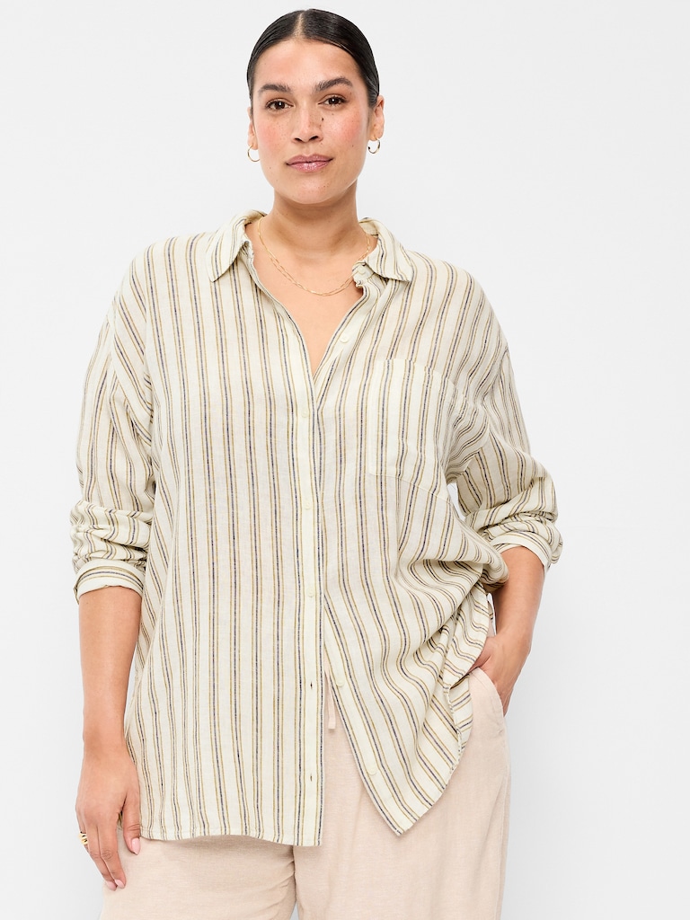 Linen-Blend Loose Button-Down Shirt