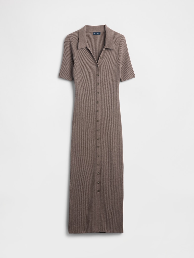 CashSoft Rib Collared Midi Cardigan Dress
