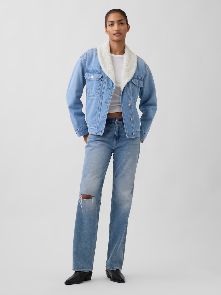 Sherpa-Lined Shawl Denim Jacket