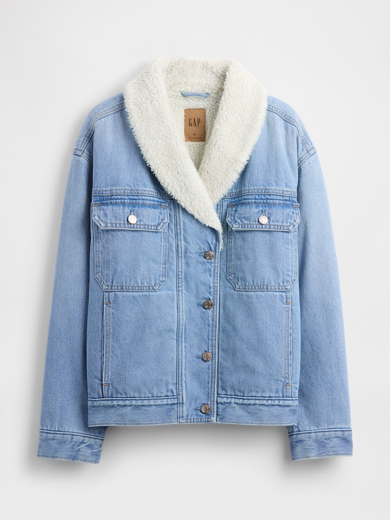 Sherpa-Lined Shawl Denim Jacket