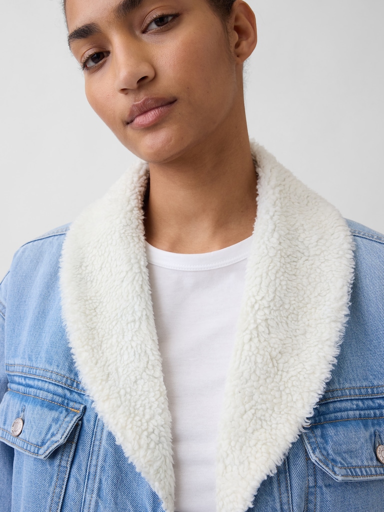 Sherpa-Lined Shawl Denim Jacket