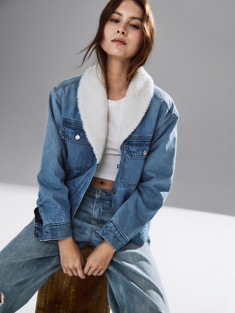 Sherpa-Lined Shawl Denim Jacket