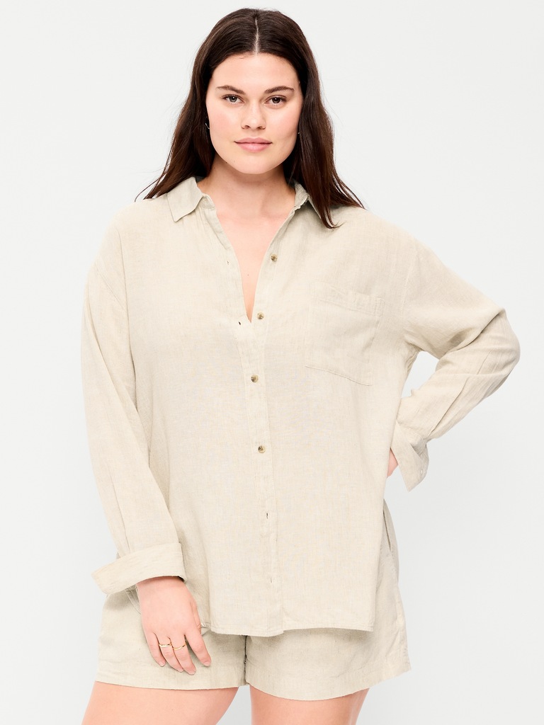 Linen-Blend Loose Button-Down Shirt