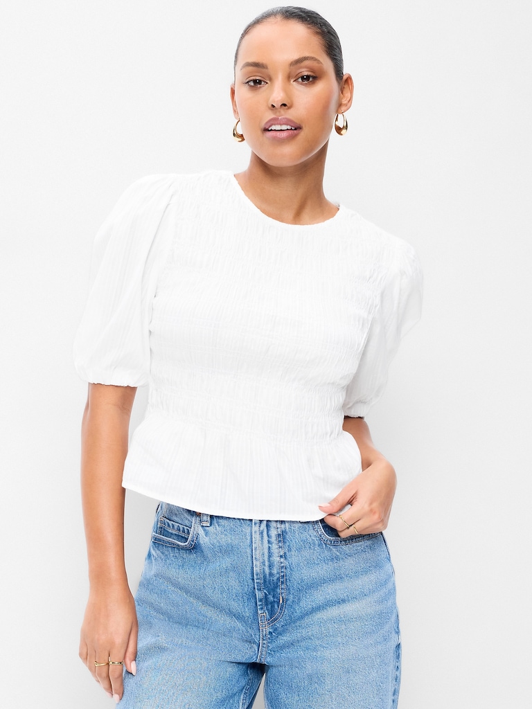 Smocked Puff Sleeve Peplum Top