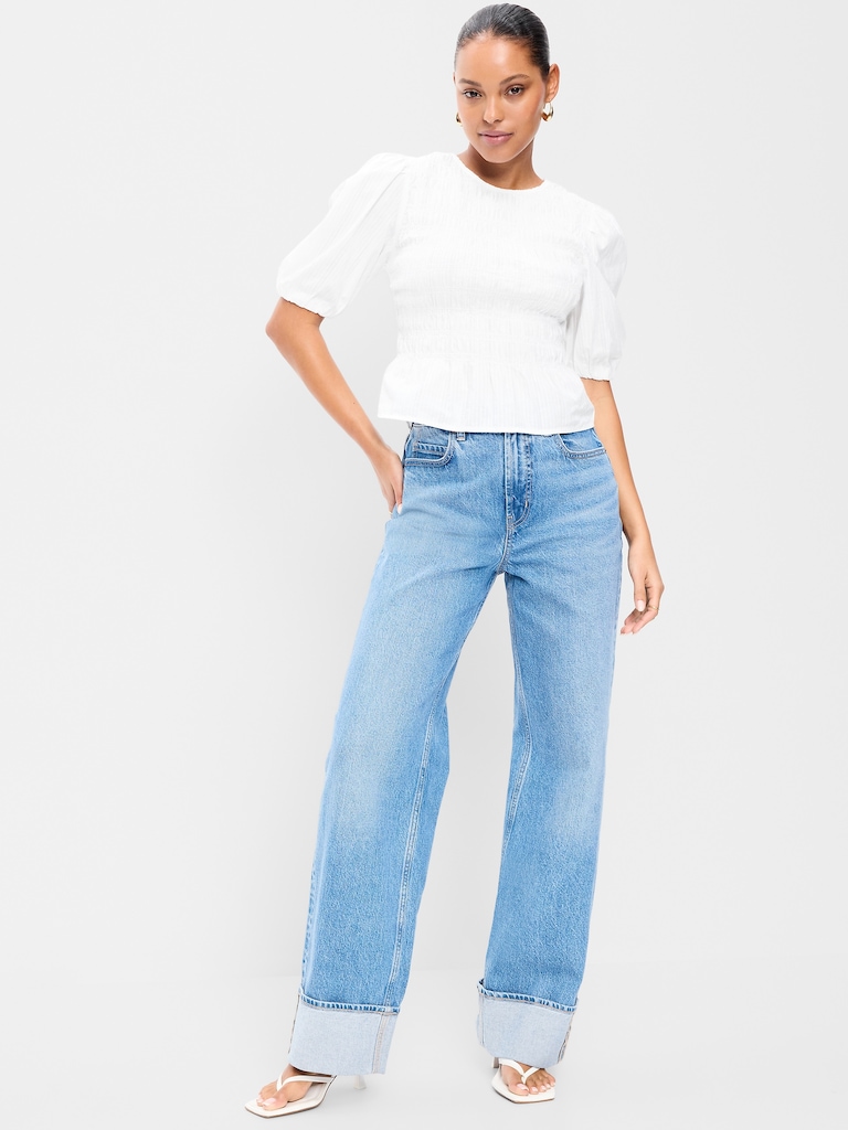 Smocked Puff Sleeve Peplum Top