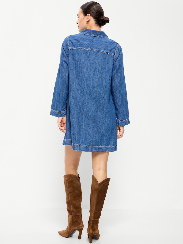 Long-Sleeve Popover Jean Mini Dress