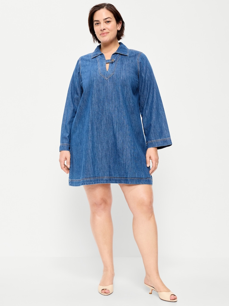 Long-Sleeve Popover Jean Mini Dress