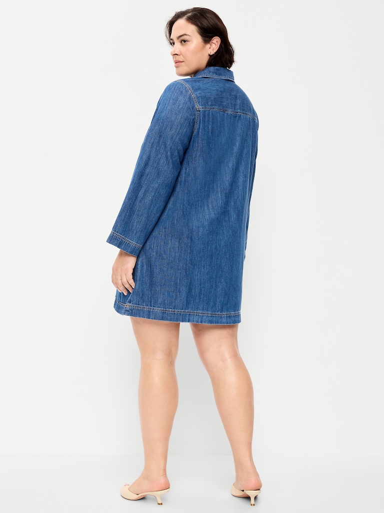 Long-Sleeve Popover Jean Mini Dress