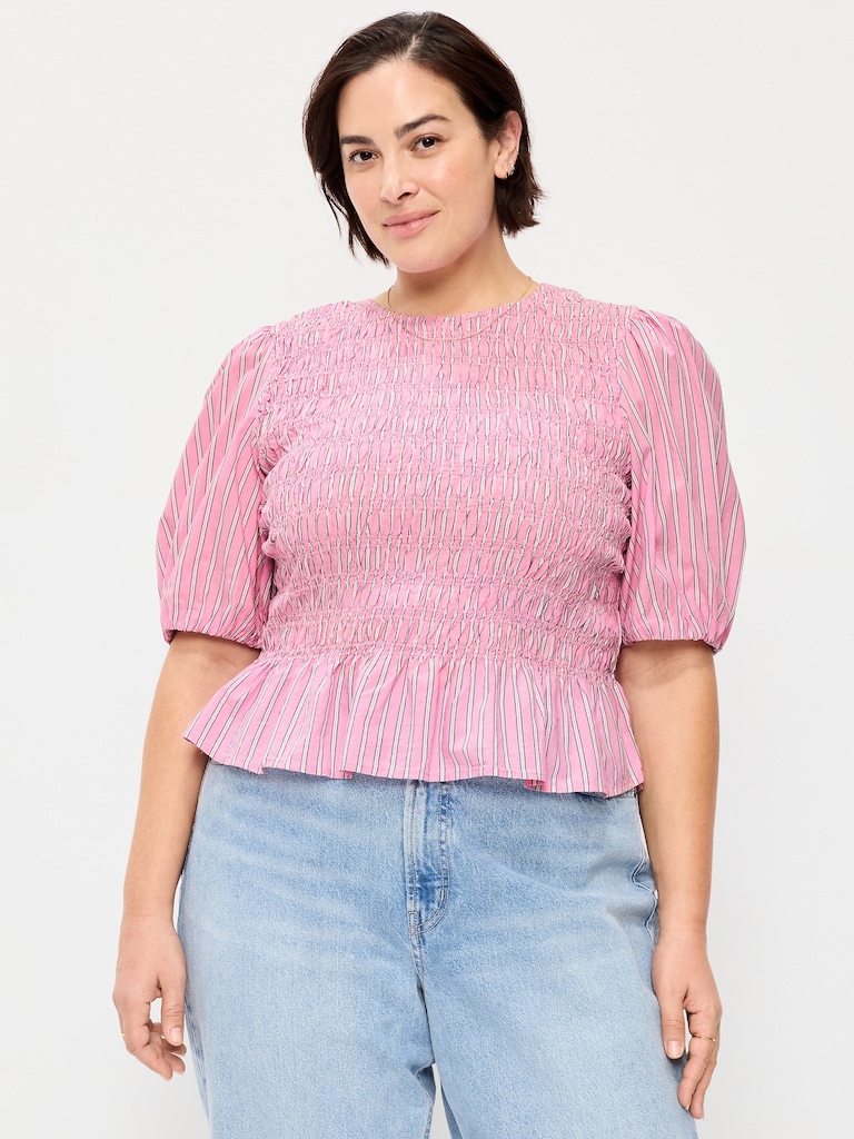 Smocked Puff Sleeve Peplum Top