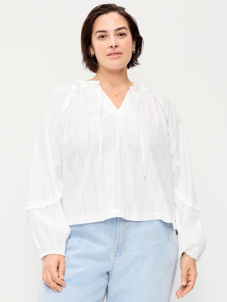 Long-Sleeve Ruffled Popover Top