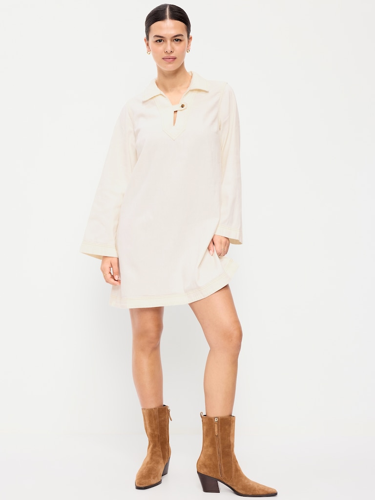 Long-Sleeve Popover Jean Mini Dress