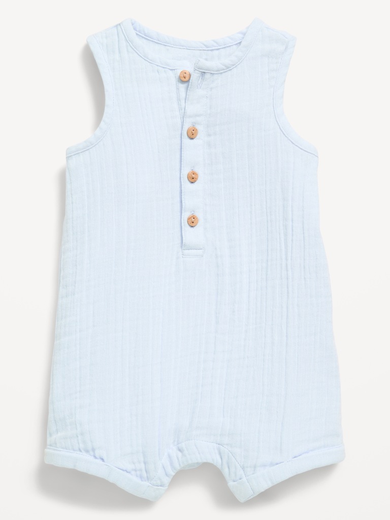 Sleeveless Double-Weave Henley One-Piece Romper for Baby