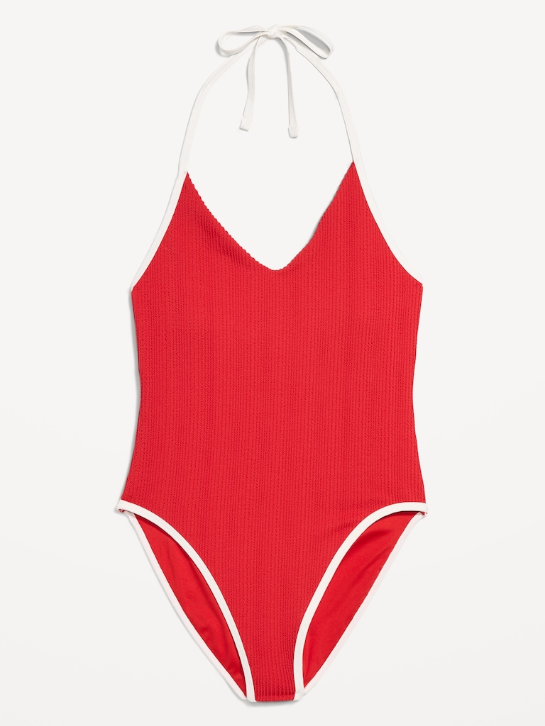 Ribbed V-Neck Halter One-Piece Swimsuit