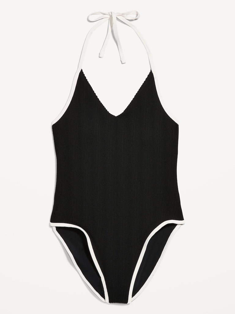 Ribbed V-Neck Halter One-Piece Swimsuit