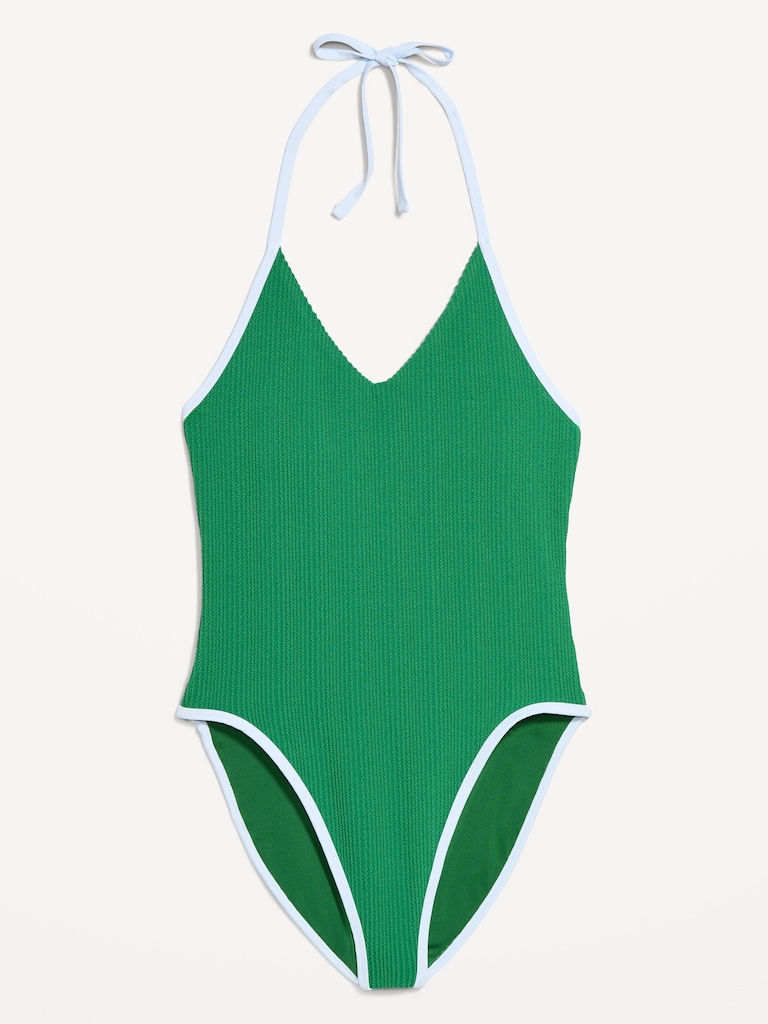Ribbed V-Neck Halter One-Piece Swimsuit