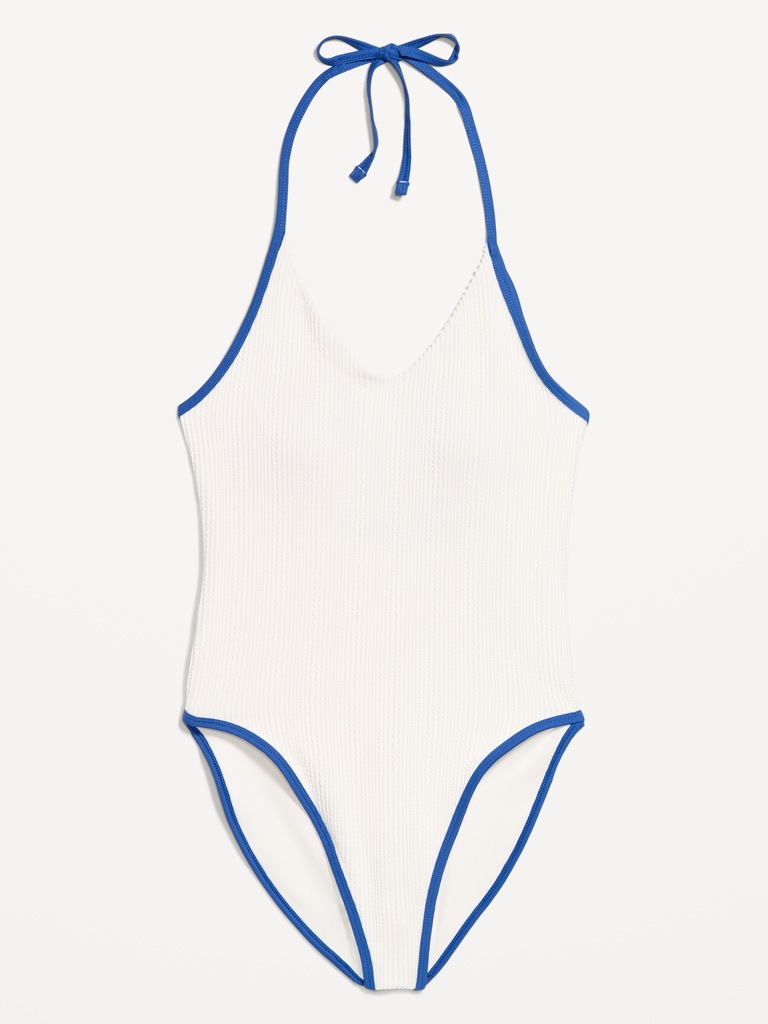 Ribbed V-Neck Halter One-Piece Swimsuit