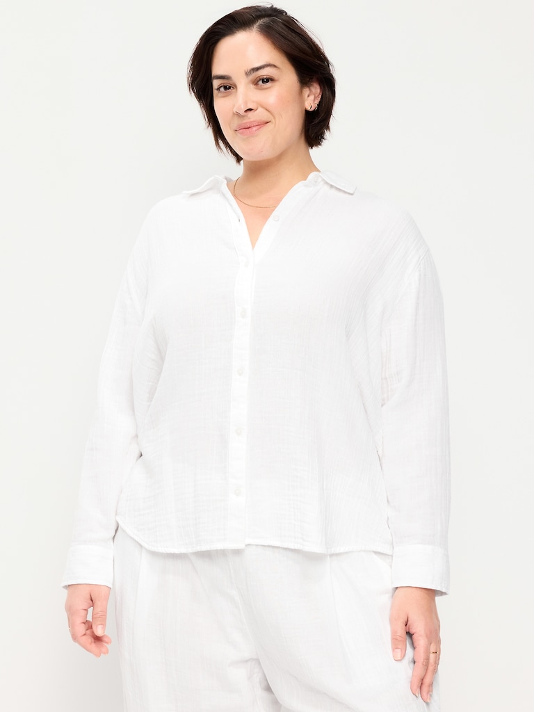 Open-Back Crinkle Gauze Button-Down Shirt