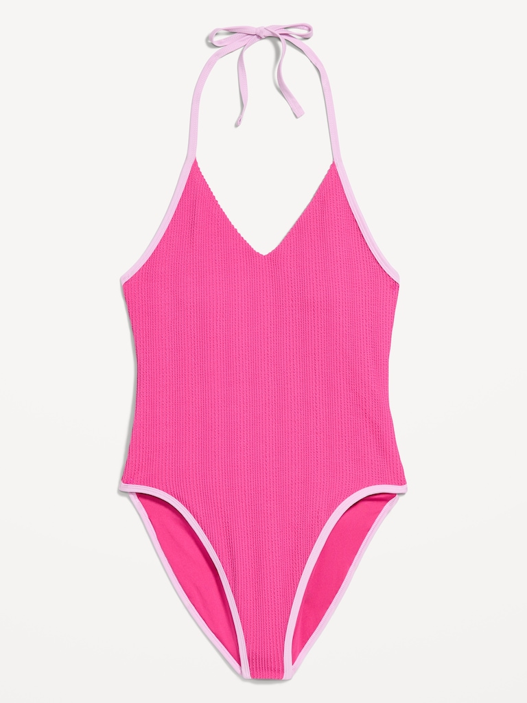 Ribbed V-Neck Halter One-Piece Swimsuit