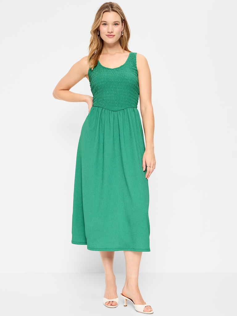 Fit & Flare Sleeveless Smocked-Bodice Midi Dress