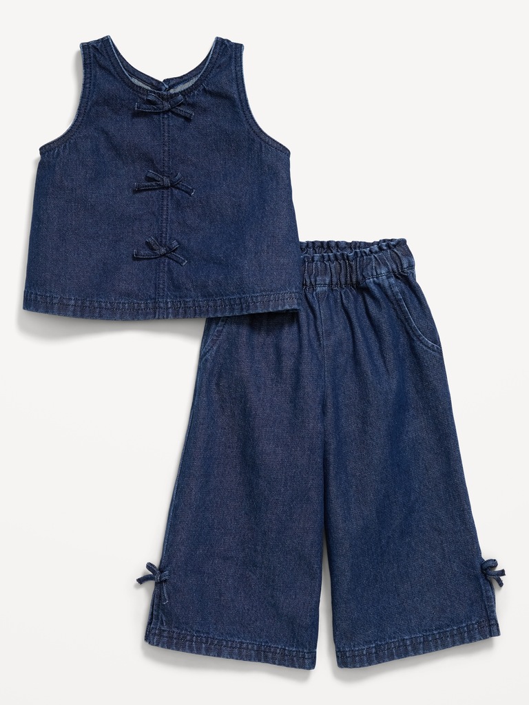 Sleeveless Bow Jean Top and Pants Set for Toddler Girls