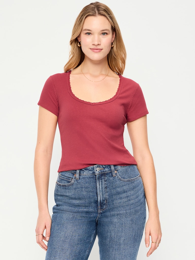 Lace-Trim Sweetheart-Neck Ribbed Top