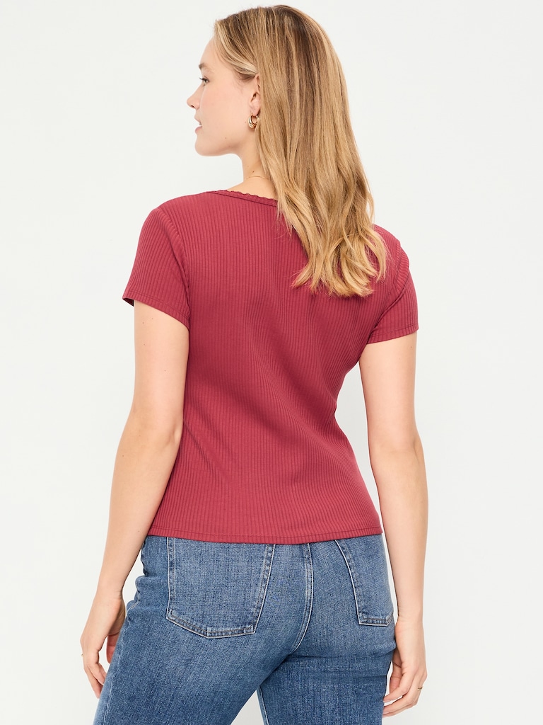Lace-Trim Sweetheart-Neck Ribbed Top