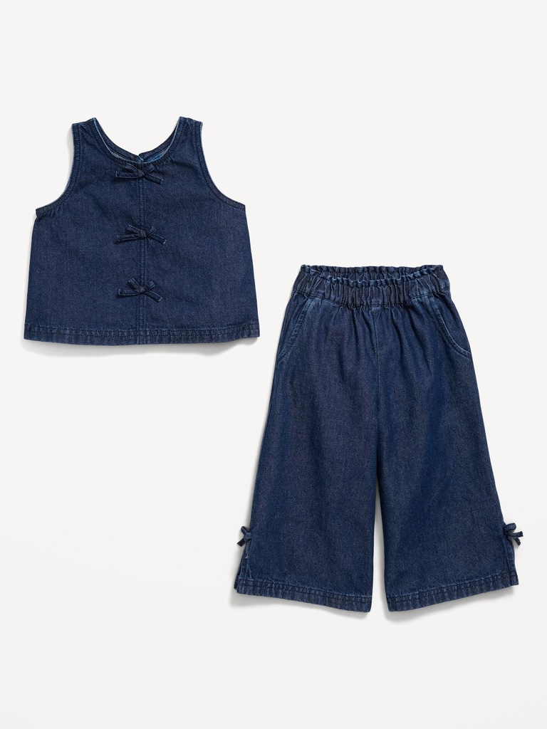 Sleeveless Bow Jean Top and Pants Set for Toddler Girls