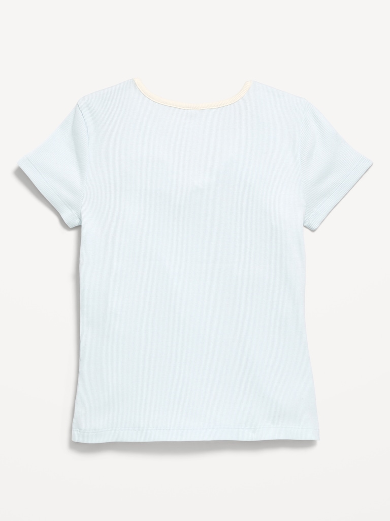 Fitted Short-Sleeve Ribbed Bow Top for Girls