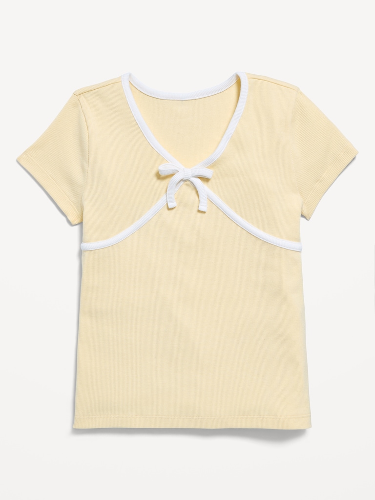 Fitted Short-Sleeve Ribbed Bow Top for Girls