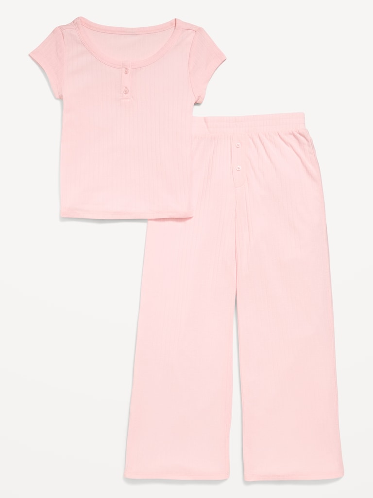 Ribbed Henley Pajama T-Shirt and Pants Set for Girls