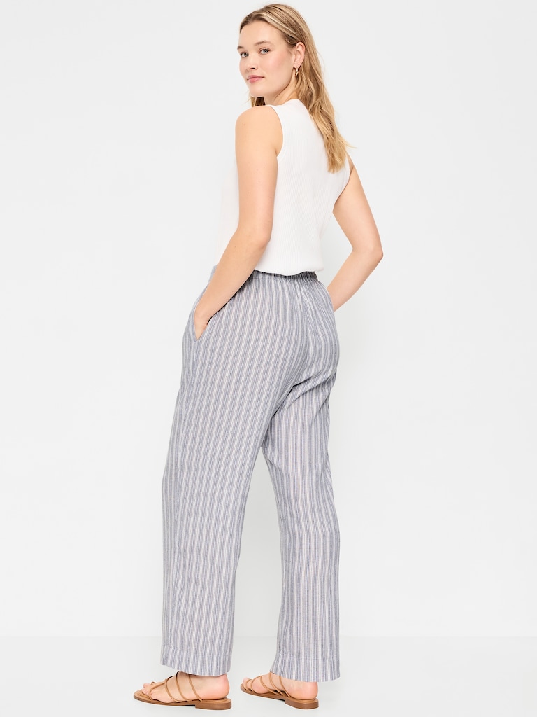 High-Waisted Linen-Blend Straight Ankle Pants