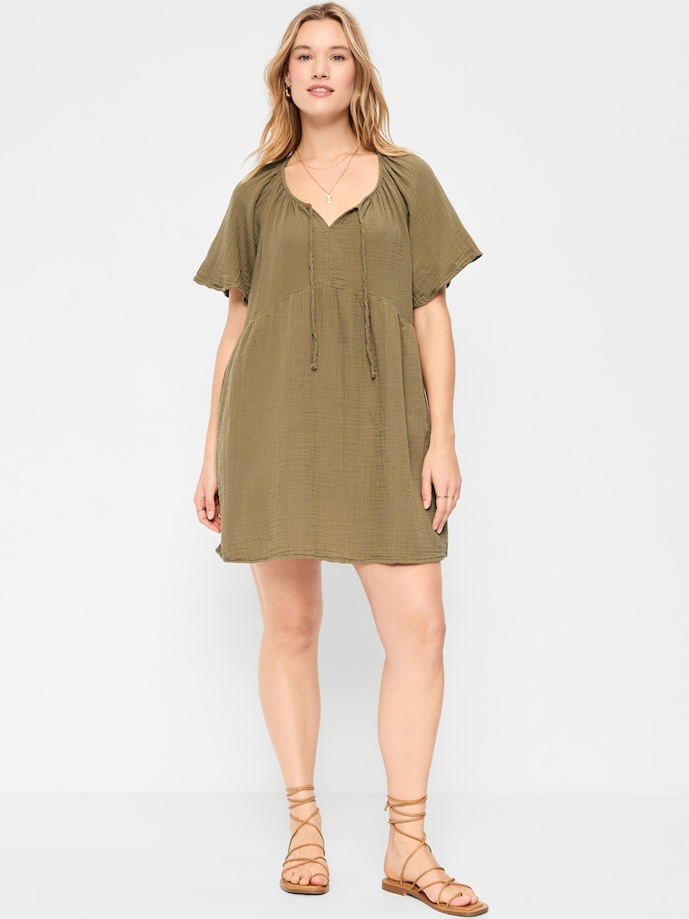 Crinkle Gauze Flutter-Sleeve Mini Swing Dress