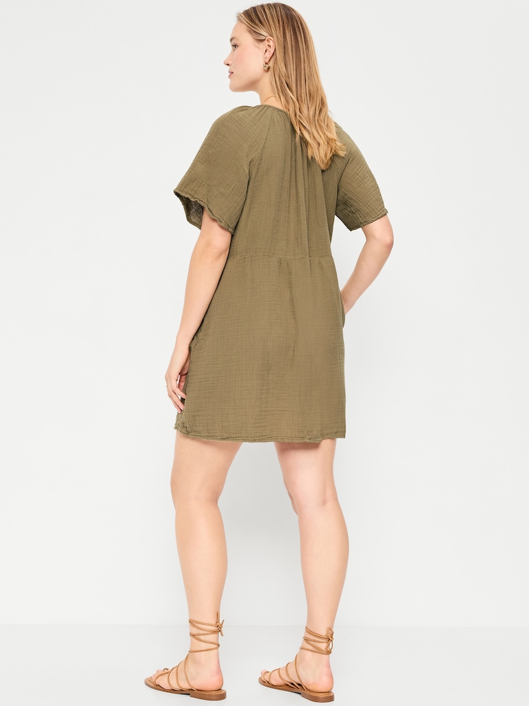 Crinkle Gauze Flutter-Sleeve Mini Swing Dress