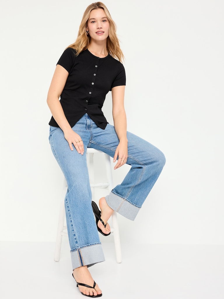 Short-Sleeve Ribbed Button-Down Top