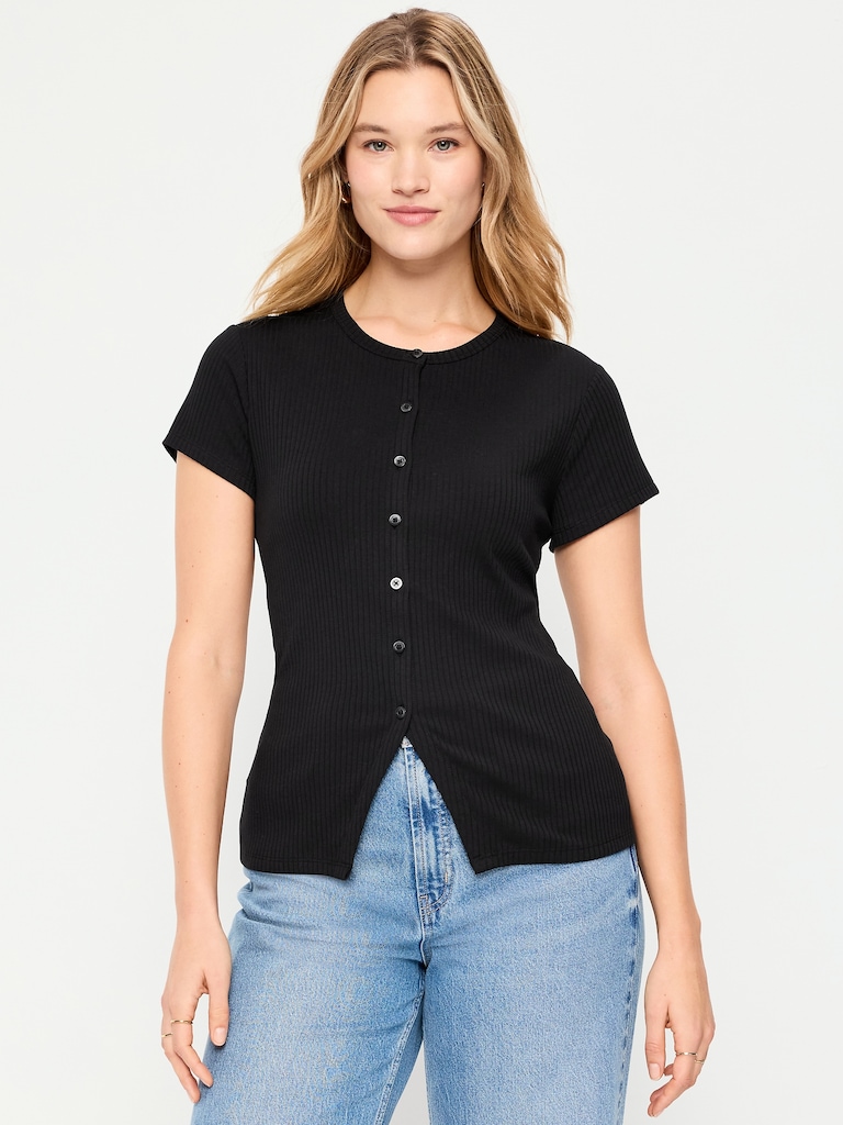 Short-Sleeve Ribbed Button-Down Top