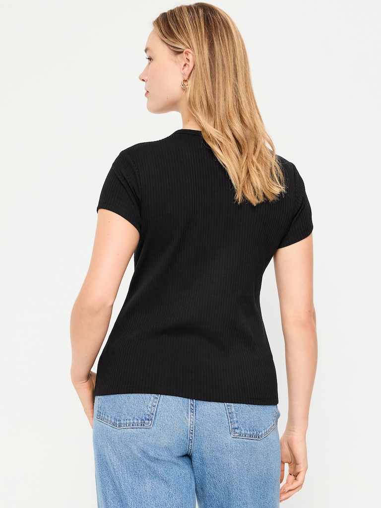 Short-Sleeve Ribbed Button-Down Top