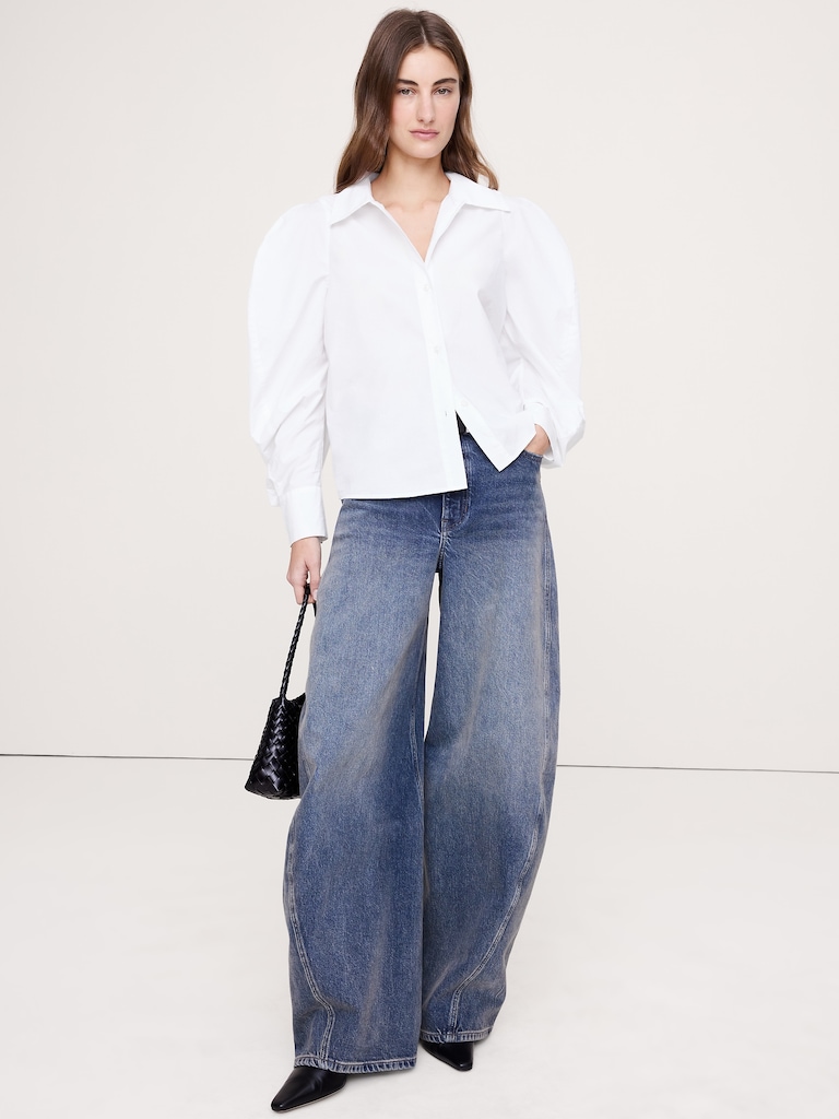 Cotton Poplin Volume-Sleeve Shirt