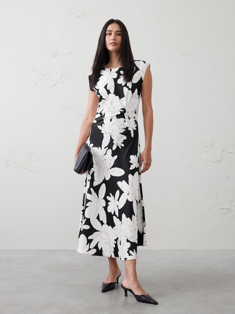 Boatneck Twist-Front Satin Midi Dress