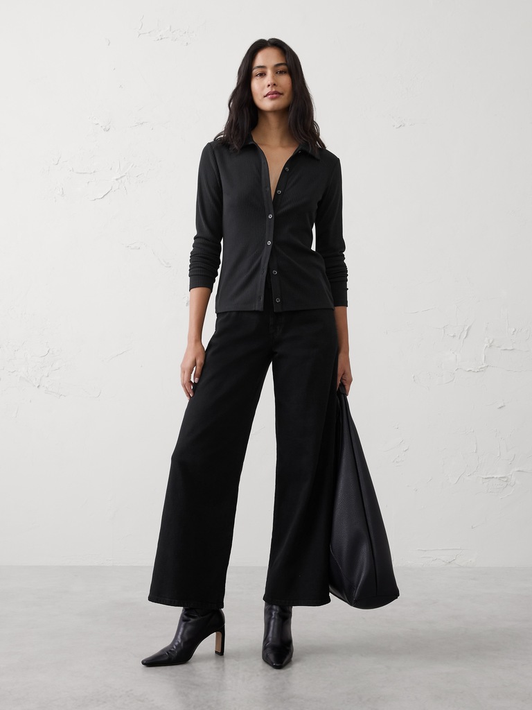 Brushed Ribbed Button Top