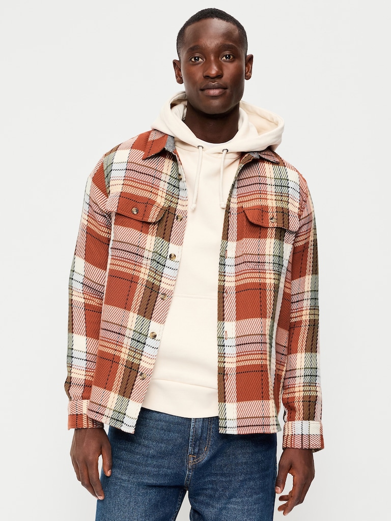 Loose Fit Textured Plaid Pocket Shirt