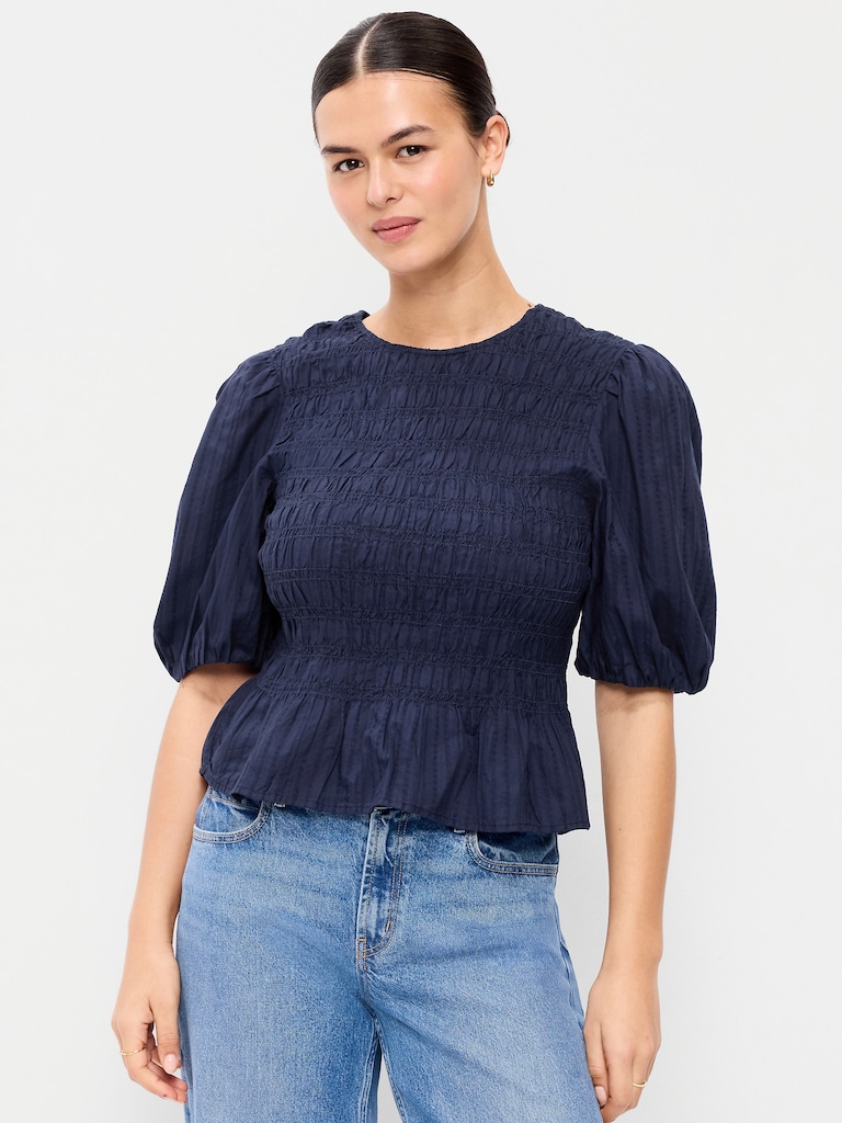 Puff Sleeve Peplum Smocked Top