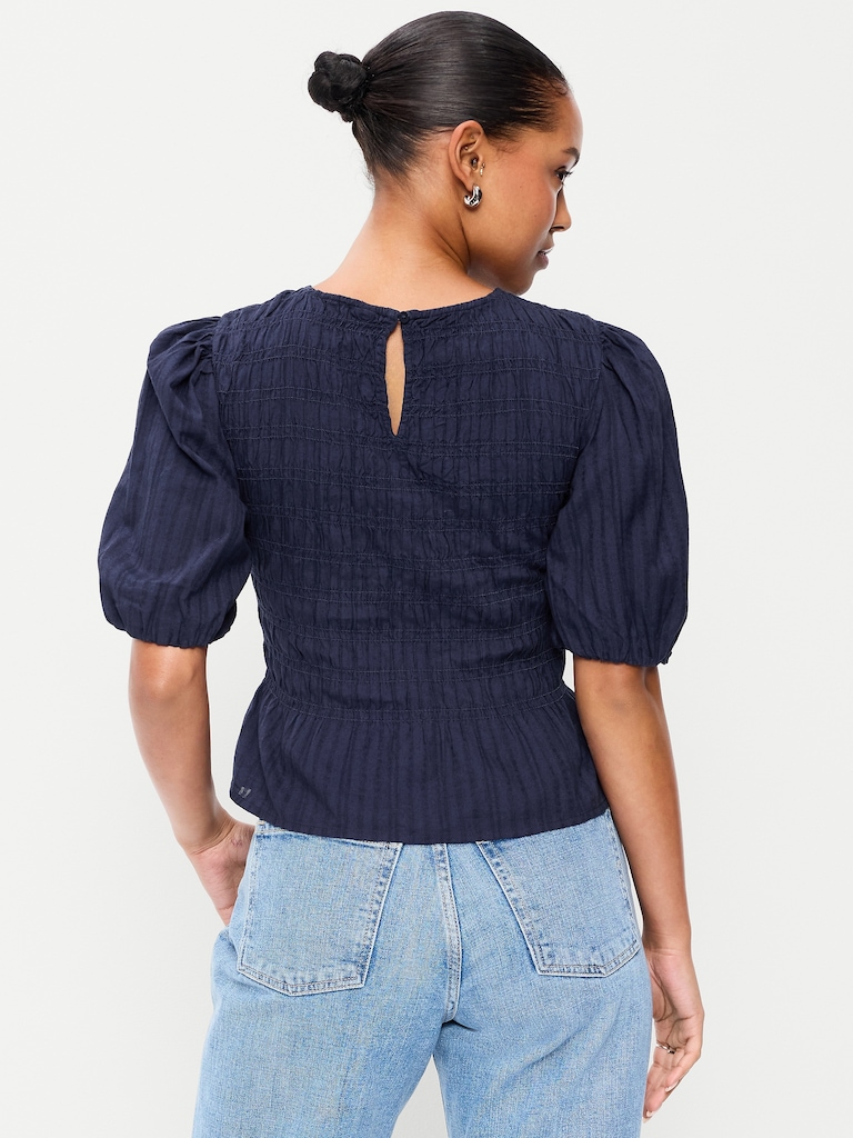 Puff Sleeve Peplum Smocked Top