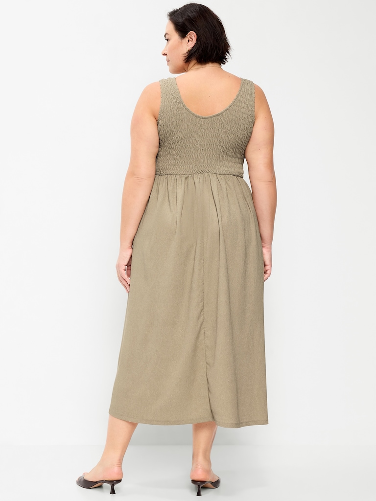 Fit & Flare Sleeveless Smocked-Bodice Midi Dress