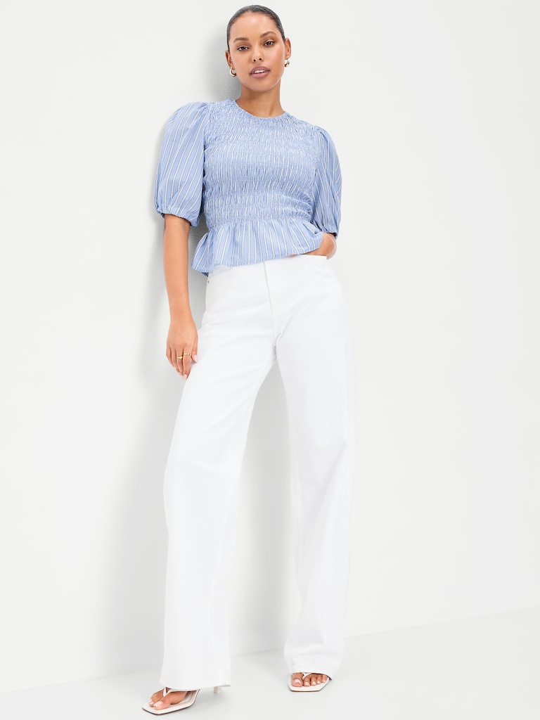 Puff Sleeve Peplum Smocked Top