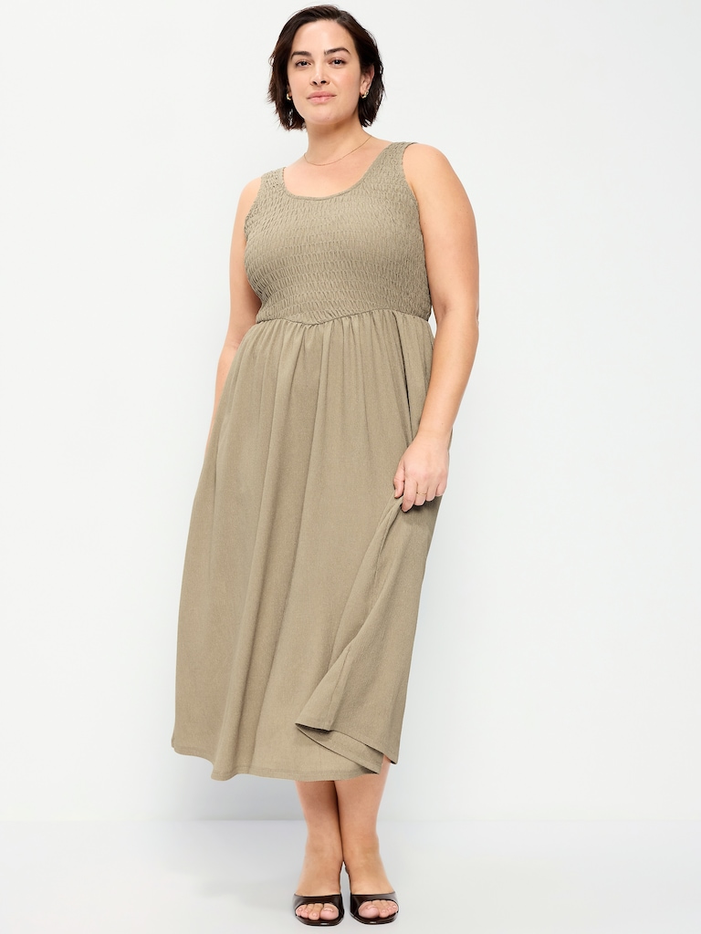 Fit & Flare Sleeveless Smocked-Bodice Midi Dress