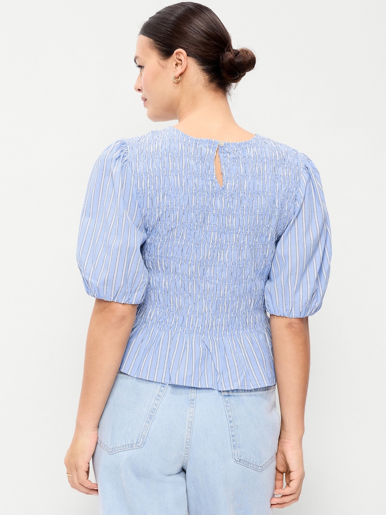 Puff Sleeve Peplum Smocked Top